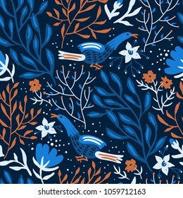 vector floral seamless pattern with blue birds and abstract plants