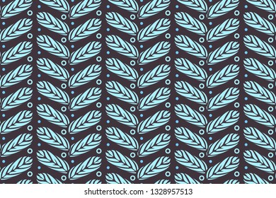 Vector floral seamless pattern. Blue leaves and circles on brown background. For fabrics, wallpaper, home textiles, packaging, wrapping paper, gift packaging. Graphic vector isolated elements.