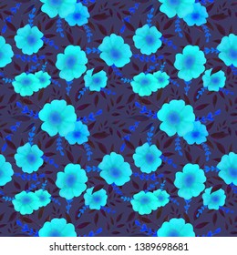 Vector floral seamless pattern. Blue flowers on dark background. Design for fabric, wallpapers, bed linens, tableclothes, etc.