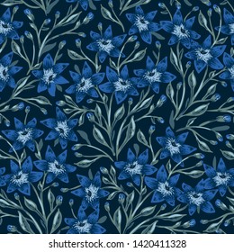 vector floral seamless pattern with blue blooming flowers on  a dark background