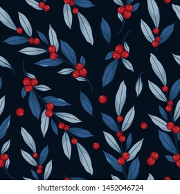 Vector floral seamless pattern. Blue branches with leaves and red berries. Dark blue background.