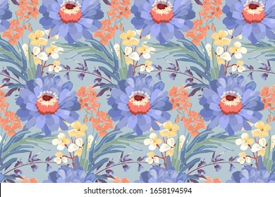  Vector floral sin fisuras. Zinnia azul, salvia violeta, salvia, salvia, amarillo, girasol anaranjado, hojas verdes aisladas en fondo verde pálido. Patrón de flores de mosaico. Paisaje floral botánico.