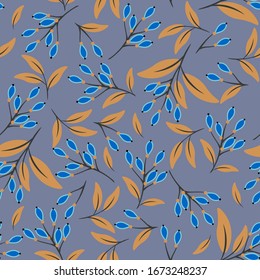 Vector floral seamless pattern with blue berries, orange leaves, branches, twigs. Elegant botanical texture. Simple vegetal ornament, natural wallpapers. Repeated design for decoration, tileable print