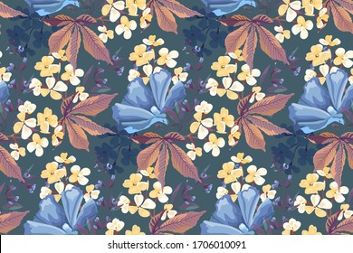 Vector floral seamless pattern. Blue garden flowers, purple sage, small yellow flowers, brown leaves isolated on blue background. For textiles, fabric, wallpaper, kitchen decor, paper, accessories.