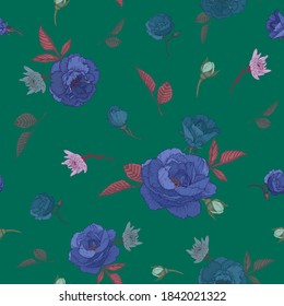 Vector floral seamless pattern with blue roses, and chrysanthemums