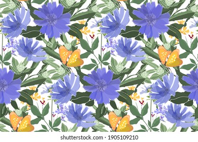 Vector floral seamless pattern. Blue chicory, yellow butterflies, green stems and leaves. Blue and yellow small flowers. Plant elements isolated on a white background.