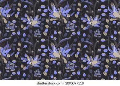 Vector floral seamless pattern. Blue flowers with dark gray leaves on an anthracite colored background. Artistic design with floral elements for fabrics, banners, cards and more.