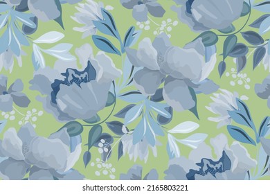Vector floral seamless pattern in blue and green colors. Floral design for decorating surfaces, wallpapers, layouts, banners and more.