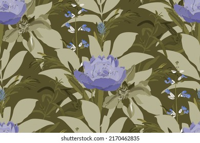 Vector floral seamless pattern. Blue peonies with green leaves on a khaki colored background. Floral design for decorating surfaces, wallpapers, cards and more.