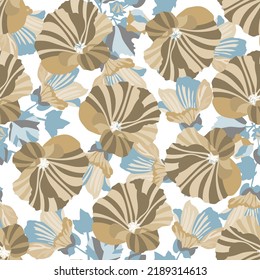 Vektor-Blumenmuster nahtlos Muster in Blau- und Kaffeetönen. Stilvolle Mallows auf weißem Hintergrund. Blumendesign für die Dekoration von Oberflächen, Tapeten, Karten und mehr.