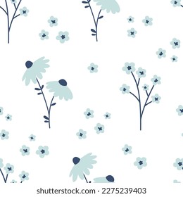 Vector floral seamless pattern with blue wildflowers. Flowers with dark blue stems on white background. Spring botanical pattern. Blue flowers in flat design.