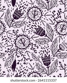 vector floral seamless pattern with blue tulips, vector floral seamless pattern with abstract herbs and berries