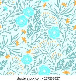 vector floral seamless pattern with blue roses and abstract plants