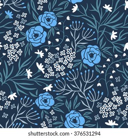 vector floral seamless pattern with blue roses and abstract blooms on a dark background