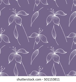 Vector floral seamless pattern. Blue background with flowers, leaves. Hand drawn contour lines and strokes. Graphic vector illustration.