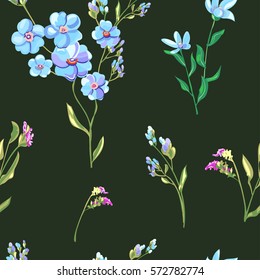 Vector floral seamless pattern with blue flowers and buds, forget-me-not, tweedia, stems and leaves on black background, digital draw, decorative illustration, vector, EPS 8