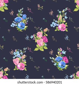 Vector floral seamless pattern with blue, pink, red flowers and buds: rose, poppy, forget-me-not, tweedia, stems and leaves on black background, digital draw, decorative illustration
