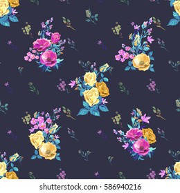 Vector floral seamless pattern with blue, pink, red flowers and buds: rose, poppy, forget-me-not, tweedia, stems and leaves on black background, digital draw, decorative illustration