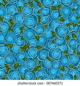 Vector floral seamless pattern. Blue roses and green leaves.