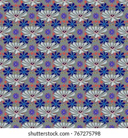 Vector floral seamless pattern. Blue, yellow and gray background with flowers pattern.