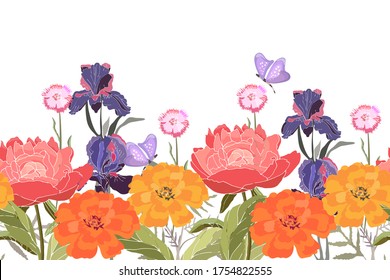 Vector floral seamless pattern, border. Peonies, irises, carnations, marigolds, tagetes. Summer flowers with butterfly isolated on white background.