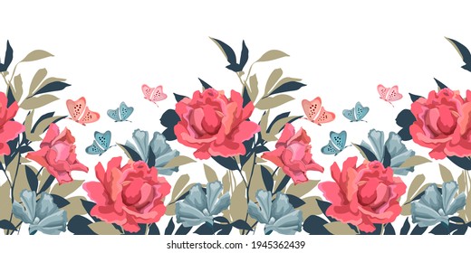 Vector floral seamless pattern, border. Roses, mallows, twigs with leaves, butterflies. Floral elements isolated on a white background.