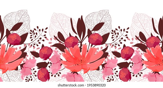 Vector floral seamless pattern, border. Pink, red flowers, buds, brown leaves isolated on a white background.