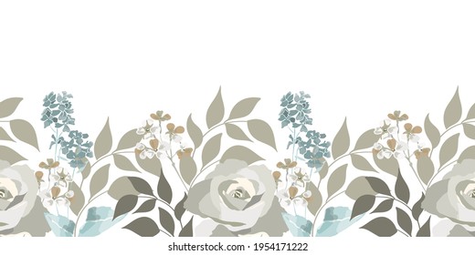 Patrón vectorial sin soldadura floral, borde. Rosas, flores pequeñas, ramas, hojas. Elementos florales aislados en un fondo blanco.