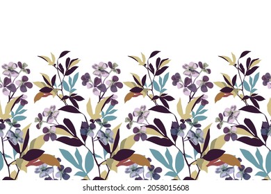 Vector floral seamless pattern, border. Delicate purple flowers, branches, leaves isolated on a white background.
