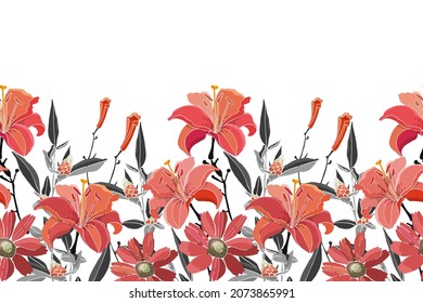 Vector floral seamless pattern, border. Red lilies, daylilies, wormwood, quinoa, grey leaves. Vector flowers, buds, leaves and herbs isolated on a white background.