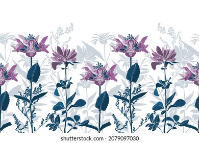 Vector floral seamless pattern, border. Violet flowers, marine colored twigs and leaves, gray shadows. Garden and meadow flowers isolated on a white background.