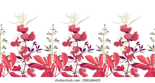 Vector floral seamless pattern, border. Horizontal panoramic design with coral-colored flowers, purple and olive-colored leaves and twigs. Repeating floral elements for fabrics, banners and cards.