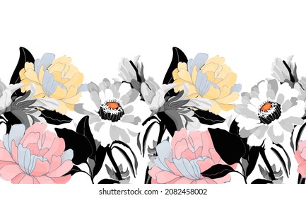 Vector floral seamless pattern, border. Horizontal panoramic design with white, blue, pink and light yellow colored flowers isolated on a white background. Artistic image with floral elements.