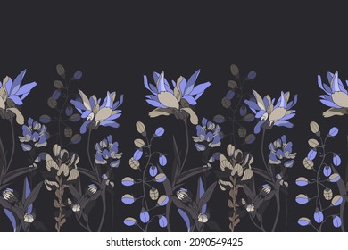 Vector floral seamless pattern, border. Horizontal panoramic design with blue flowers with dark gray leaves on an anthracite colored backdrop. Repeating floral elements.