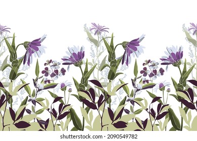 Vector floral seamless pattern, border. Horizontal panoramic image with white-purple flowers, green leaves and stems on a white background. Artistic floral design for postcards, banners and more.