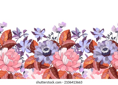Vector floral seamless pattern, border. Horizontal panoramic design with lilac and pink flowers with burgundy leaves on a white background. Image with repeating floral elements.