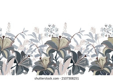 Vector floral seamless pattern, border. Horizontal panoramic design with lily flowers in beige and gray colors on a white background. Image with repeating floral elements.