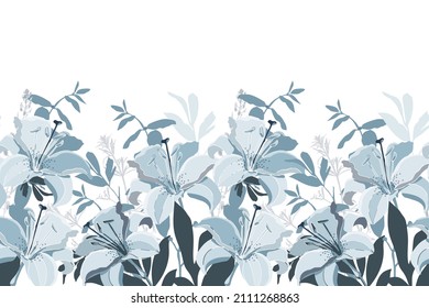 Vector floral seamless pattern, border. Horizontal panoramic design with blue lily flowers and leaves on a white background. Artistic image with repeating floral elements.