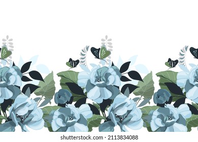 Vector floral seamless pattern, border. Horizontal panoramic design with blue flowers, green leaves and butterflies on a white background. Artistic image with repeating floral elements.