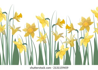 Vector floral seamless pattern, border. Horizontal panoramic background with yellow spring flowers.
