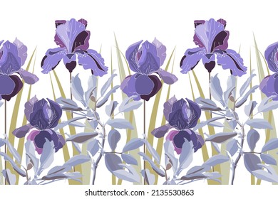 Vector floral seamless pattern, border. Horizontal panoramic illustration with lilac iris flowers on a white background. Floral image for cards, layouts, banners and so on.