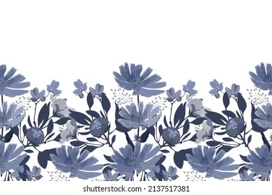 Vector floral seamless pattern, border. Horizontal panoramic design with navy blue flowers on a white background. Floral illustration for surface decoration, layouts, banners, cards and more.