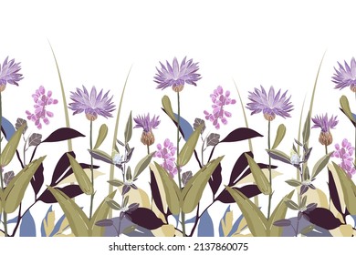 Vector floral seamless pattern, border. Horizontal panoramic design with purple cornflowers, herbs and berries on a white background. Flower illustration for surface decoration.