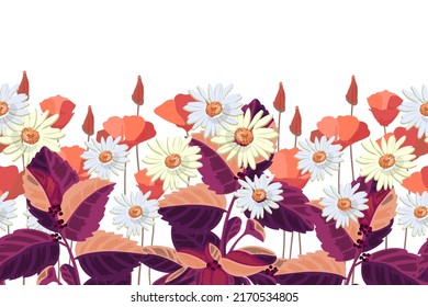 Vector floral seamless pattern, border. Horizontal panoramic design with daisies, orange and burgundy flowers and leaves on a white background. Flower illustration for surface decoration.