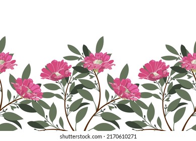 Vector floral seamless pattern, border. Horizontal panoramic design with pink flowers and green leaves on a white background. Floral illustration for decorating surfaces, templates, cards and more.