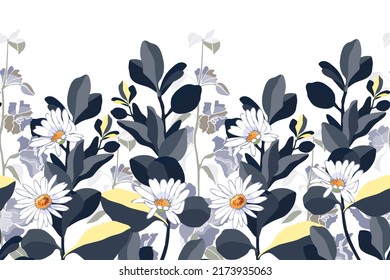 Vector floral seamless pattern, border. Horizontal panoramic design with daisies and navy blue leaves on a white background. Flower illustration for surface decoration.