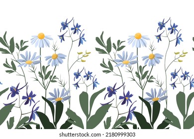Vector floral seamless pattern, border. Horizontal panoramic illustration with wild and meadow flowers and herbs on a white background. Floral design for decorating surfaces, layouts, cards and more.