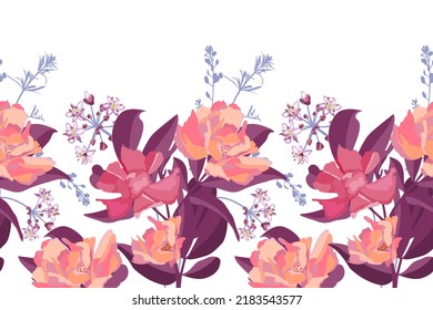 Vector floral seamless pattern, border. Horizontal panoramic illustration with pink flowers on a white background. Floral design for banners, layouts, cards and more.