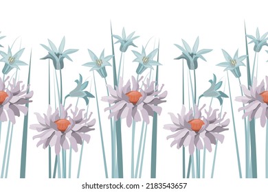 Vector floral seamless pattern, border. Horizontal panoramic illustration with blue and violet flowers on a white background. Floral design for banners, layouts, cards and more.