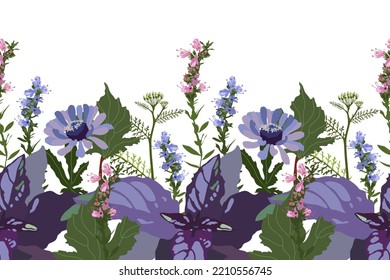 Vector floral seamless pattern, border. Horizontal panoramic design with zinnias and herbs on a white background. Floral illustration for decorating surfaces, wallpapers, cards and more.